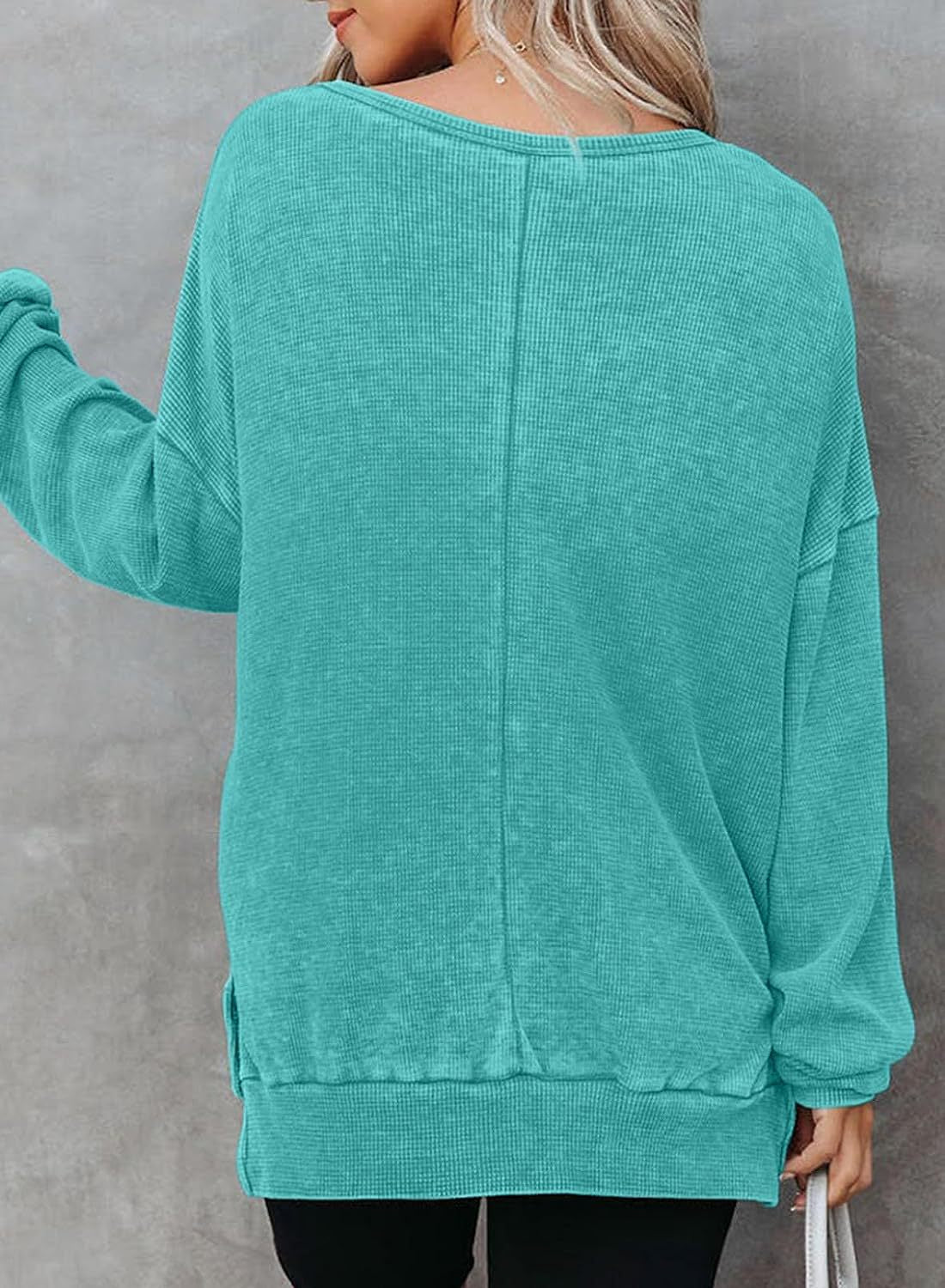 Waffle Split Hem Sweatshirt Women Casual Long Sleeve Top