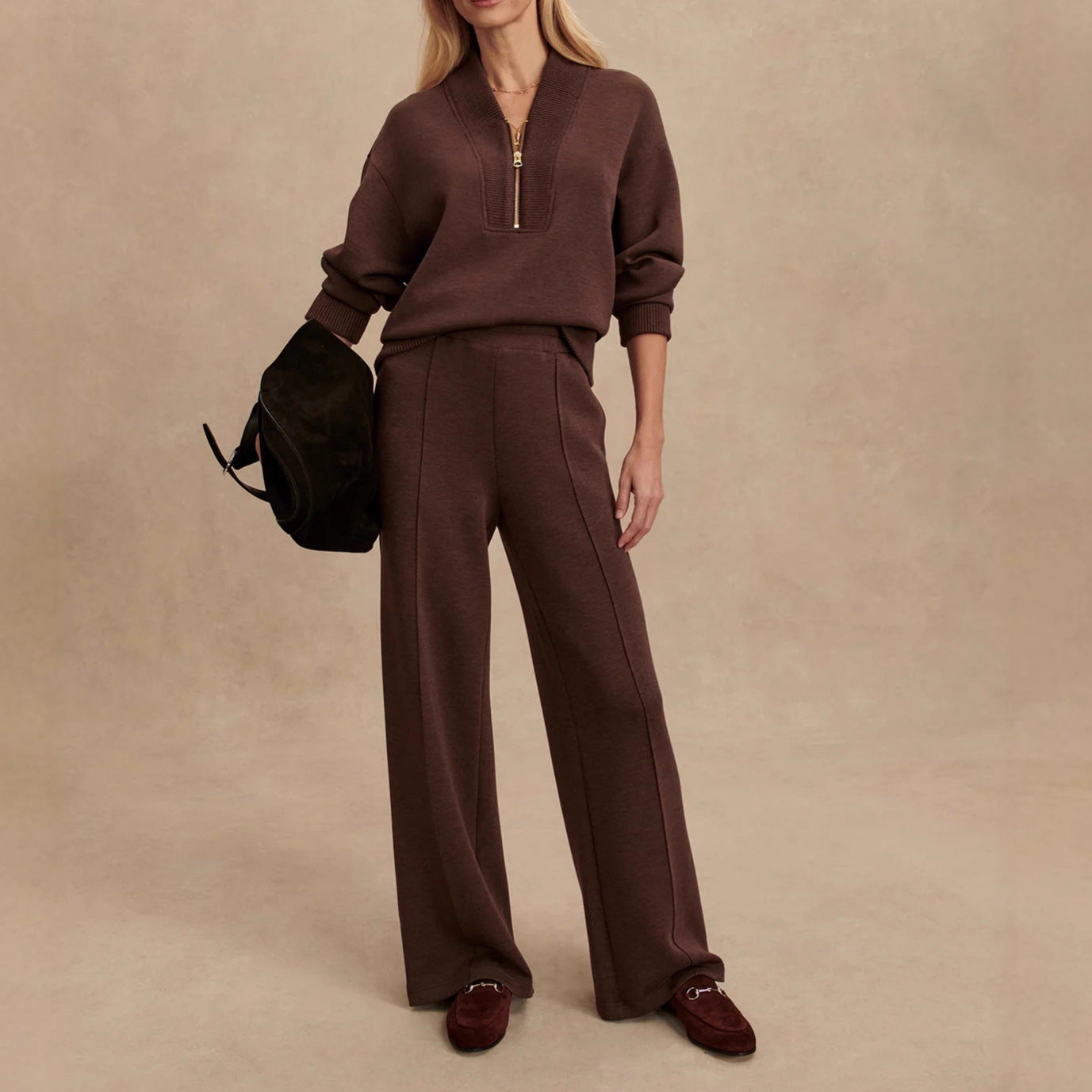 Women's Half Zip Knit Sweater Wide Leg Pants Set