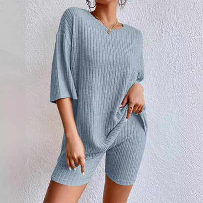 Solid ribbed oversized tee and biker shorts set