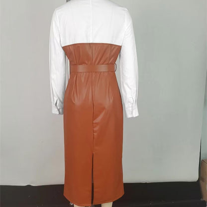 Color Block Faux Leather Belted Shirt Dress Midi