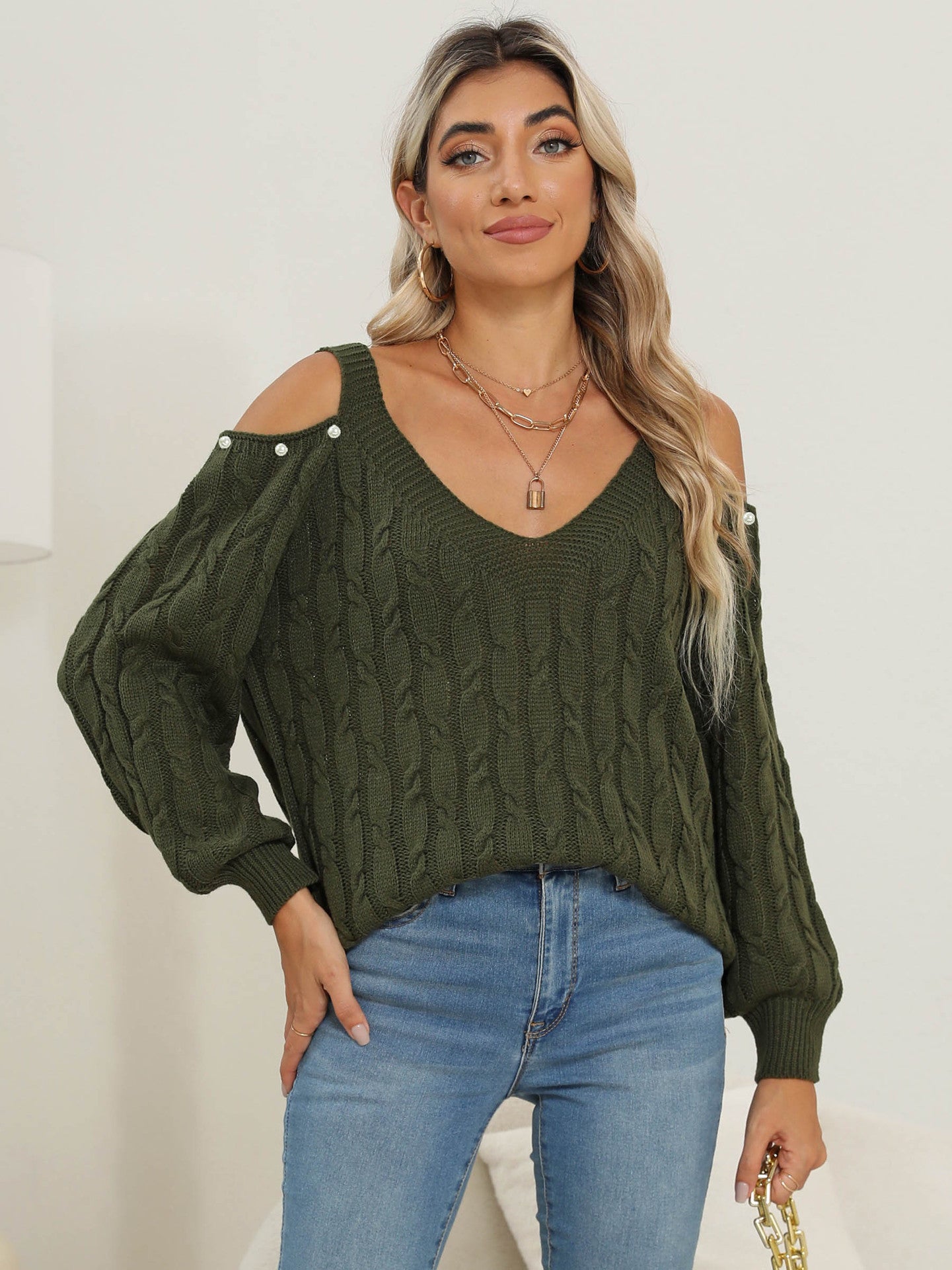 Women's Deep V Sexy Off-the-shoulder Beaded Loose Bottoming Shirt