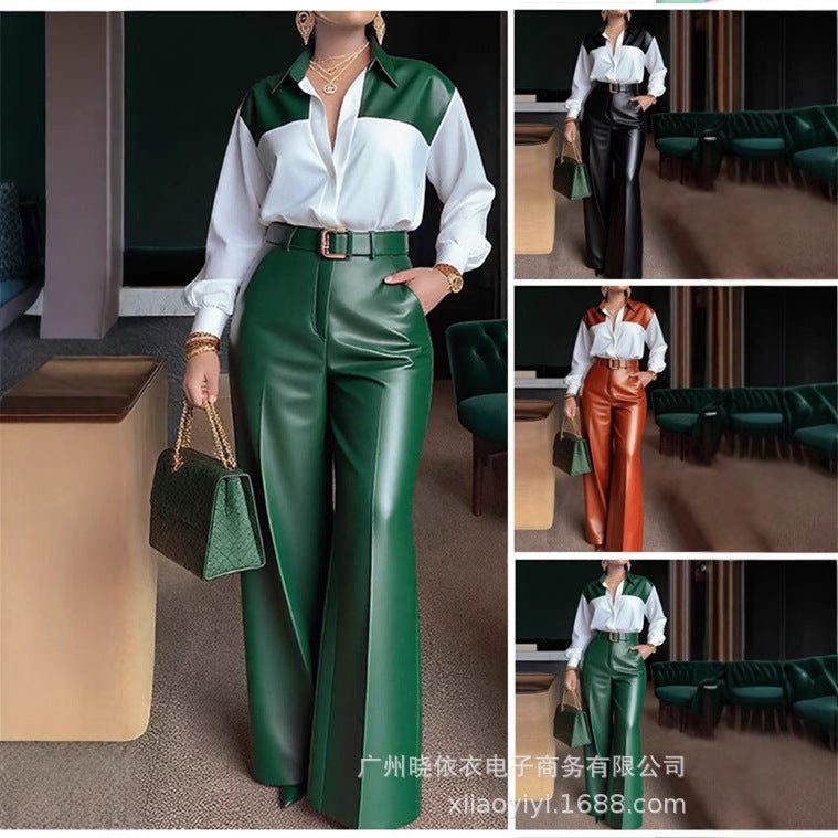 Color Block Shirt Faux Leather Wide Leg Pants Belted Set