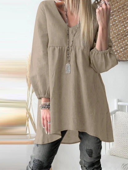 Women's V-Neck Balloon Sleeve Cotton Blend Tunic Top