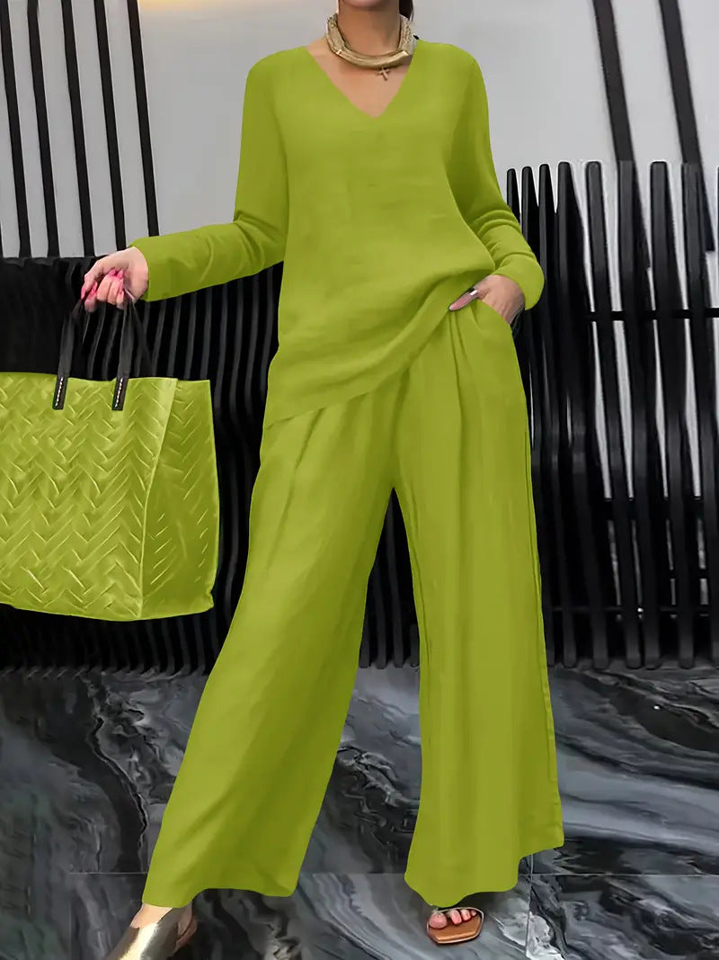 Women's Casual V Neck Wide Leg Pants Matching Set Plus Size