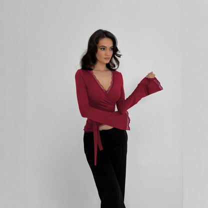 Women's Lace Trim V Neck Tie Waist Long Sleeve Top
