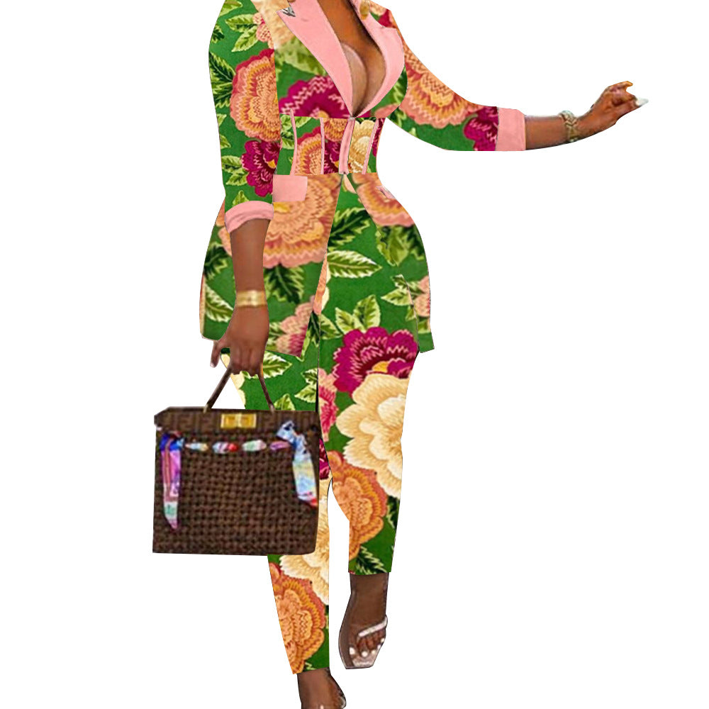 Women's Shawl Collar Printed Blazer Pants 2 Piece Set