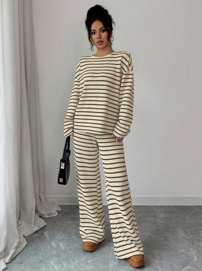 Stripe Knit Lounge Set Crew Neck Top and Wide Leg Pants