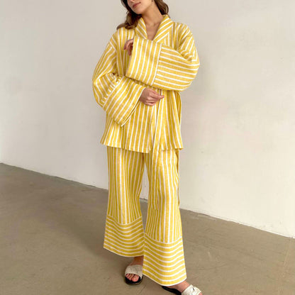 Striped Belted Top and Wide Leg Pants Matching Set