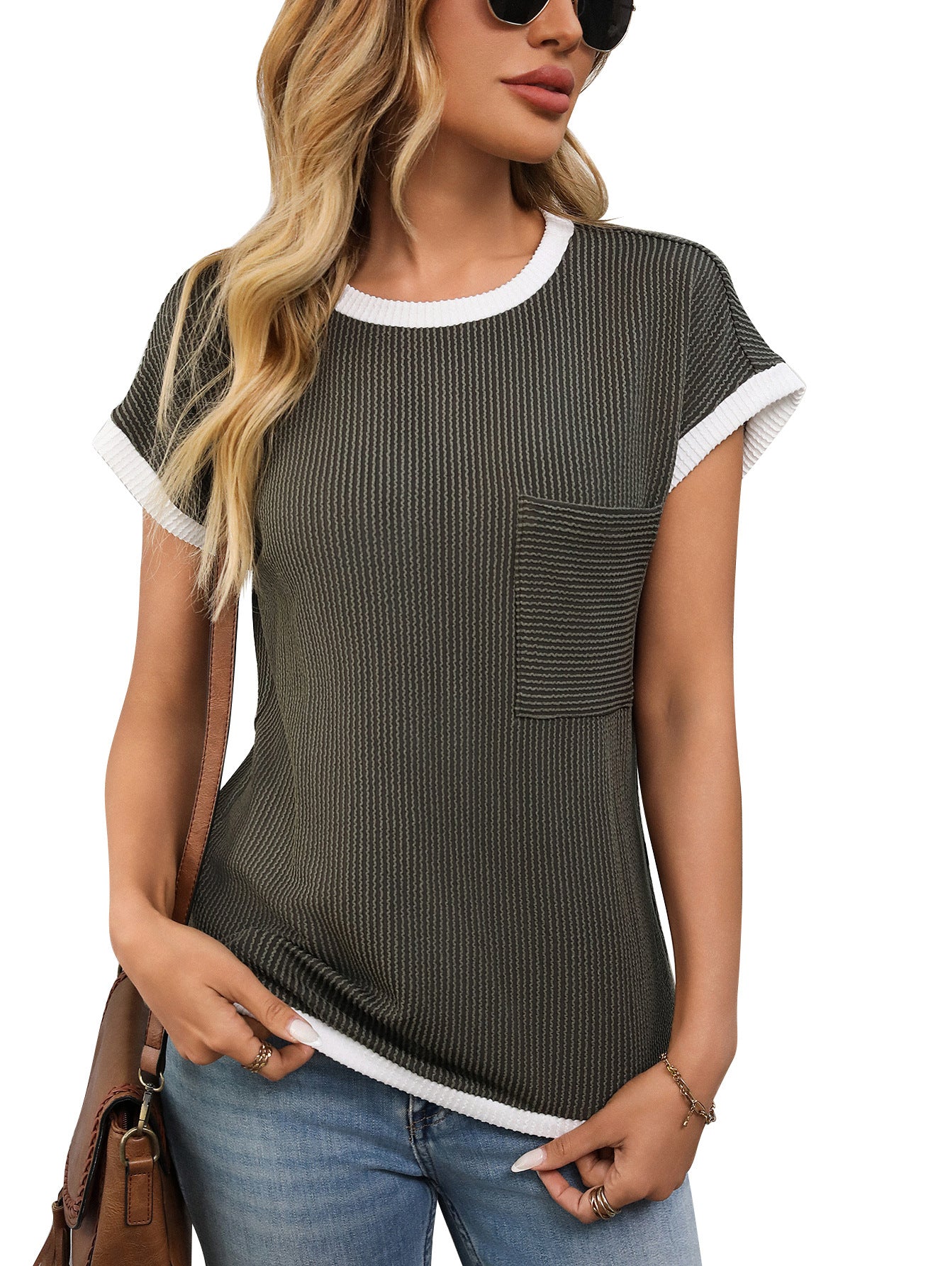 Women's Ribbed Color Block Pocket Tee Short Sleeve