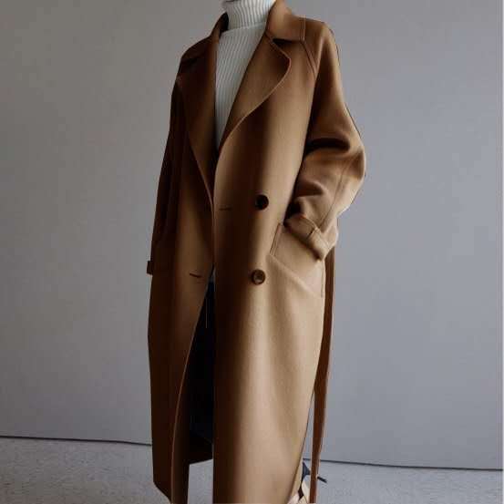 Women's Long Wool Coat Belted Double Breasted Trench