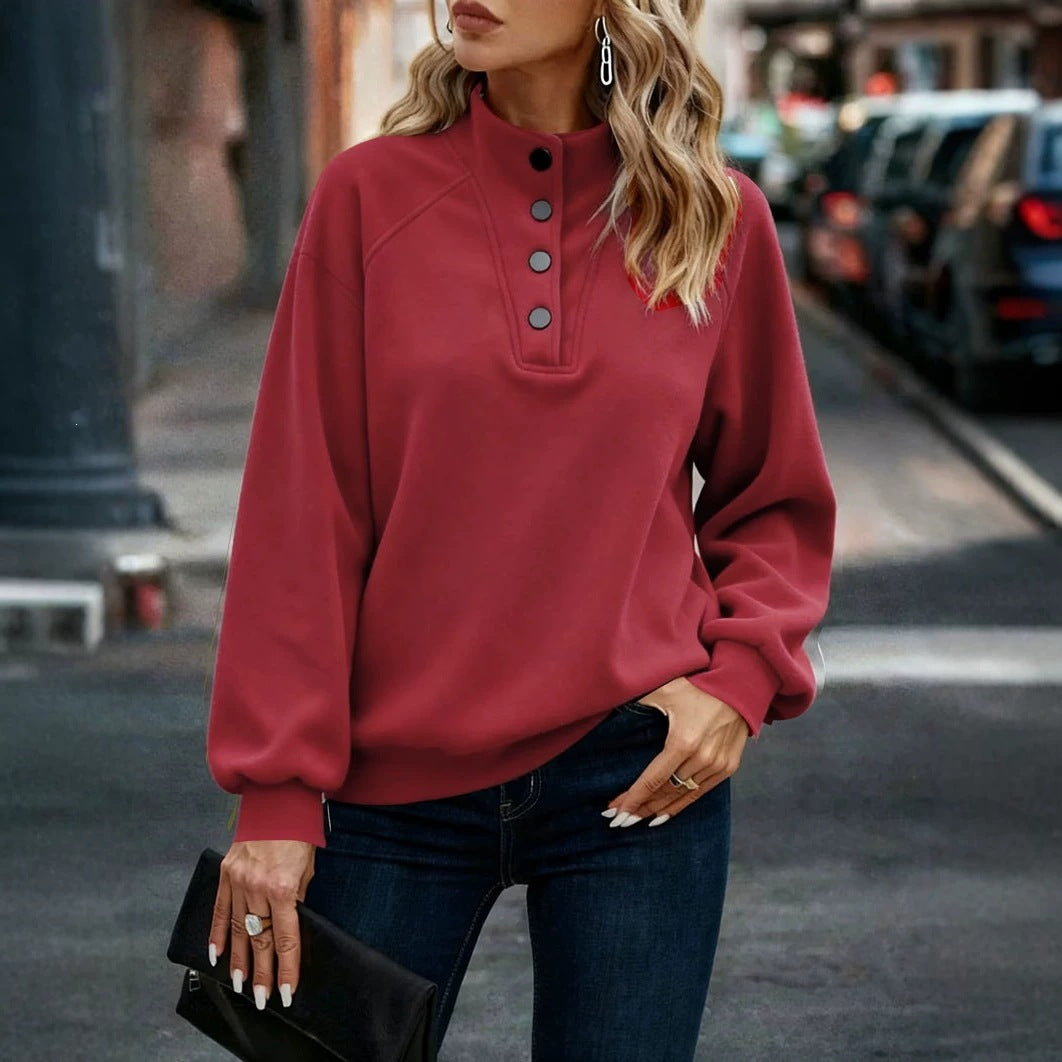 Women's Fleece Mock Neck Henley Sweatshirt Batwing