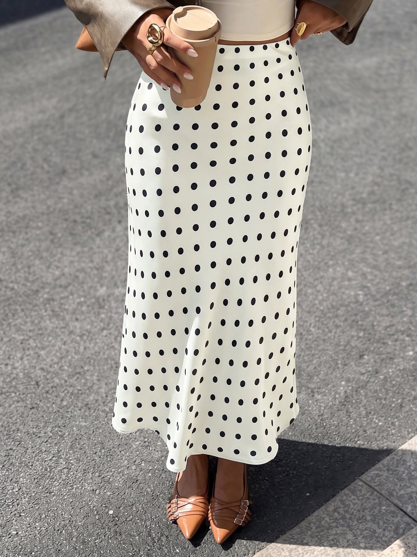 Polka Dot Satin Midi Skirt Mermaid Hem A Line