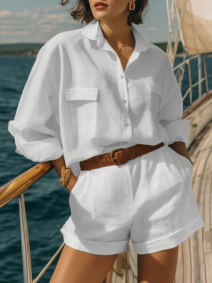 Women's 2 Piece Linen Shirt & Shorts Matching Set
