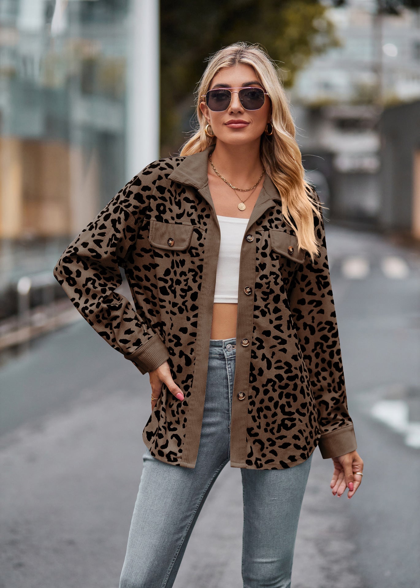 Leopard print corduroy shacket relaxed fit