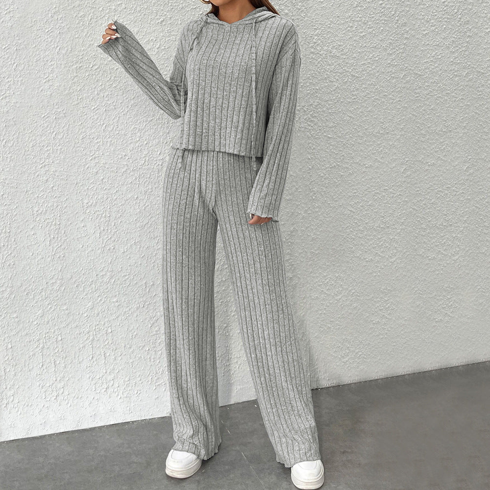 Ribbed Knit Hooded Lounge Set Flare Pants