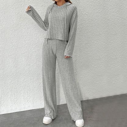 Ribbed Knit Hooded Lounge Set Flare Pants