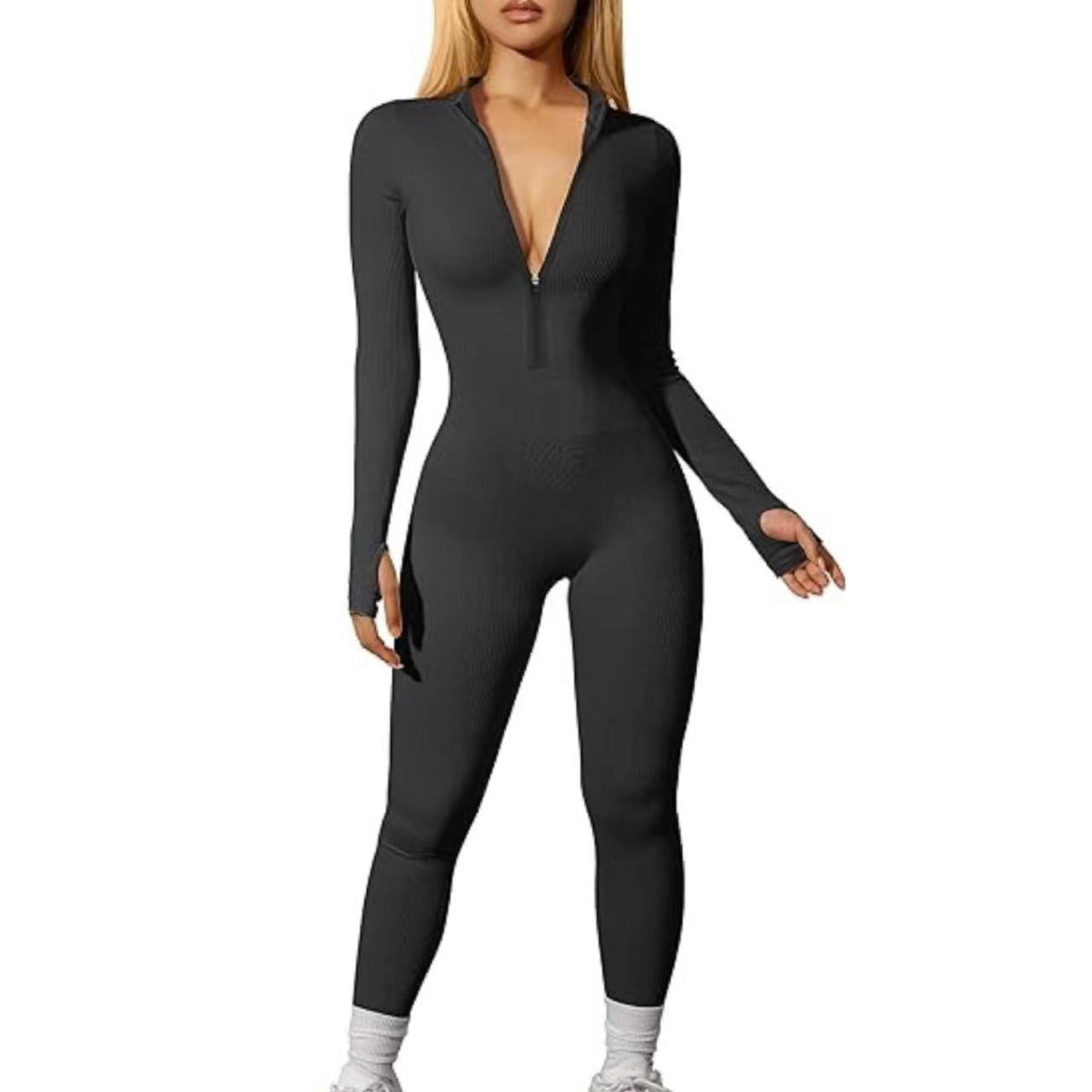 Women's Ribbed Zip Front Long Sleeve Workout Jumpsuit