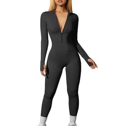 Women's Ribbed Zip Front Long Sleeve Workout Jumpsuit