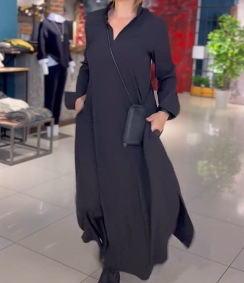 Women's Casual V Neck Long Sleeve Maxi Dress with Pockets