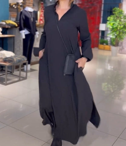 Women's Casual V Neck Long Sleeve Maxi Dress with Pockets