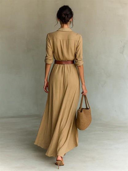 Women's Belted V-Neck Long Sleeve Asymmetrical Midi Dress
