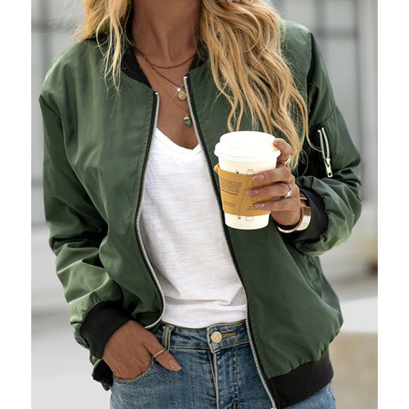 Women's Casual Zip-Up Bomber Jacket Lightweight Solid