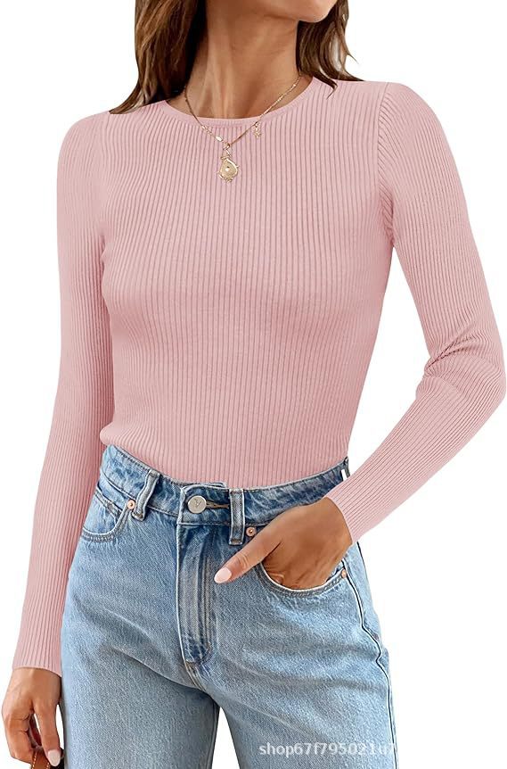 Women's Basic Ribbed Crew Neck Long Sleeve Knit Top