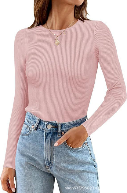 Women's Basic Ribbed Crew Neck Long Sleeve Knit Top
