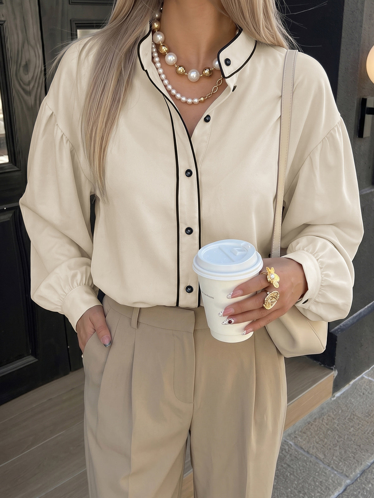 Contrast Trim Mandarin Collar Button Front Blouse