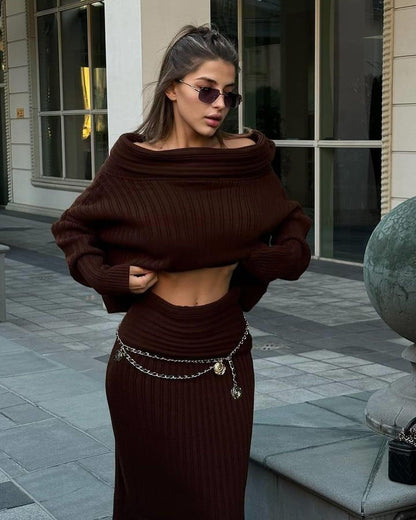 Off Shoulder Knit Sweater & Maxi Skirt Two Piece Set