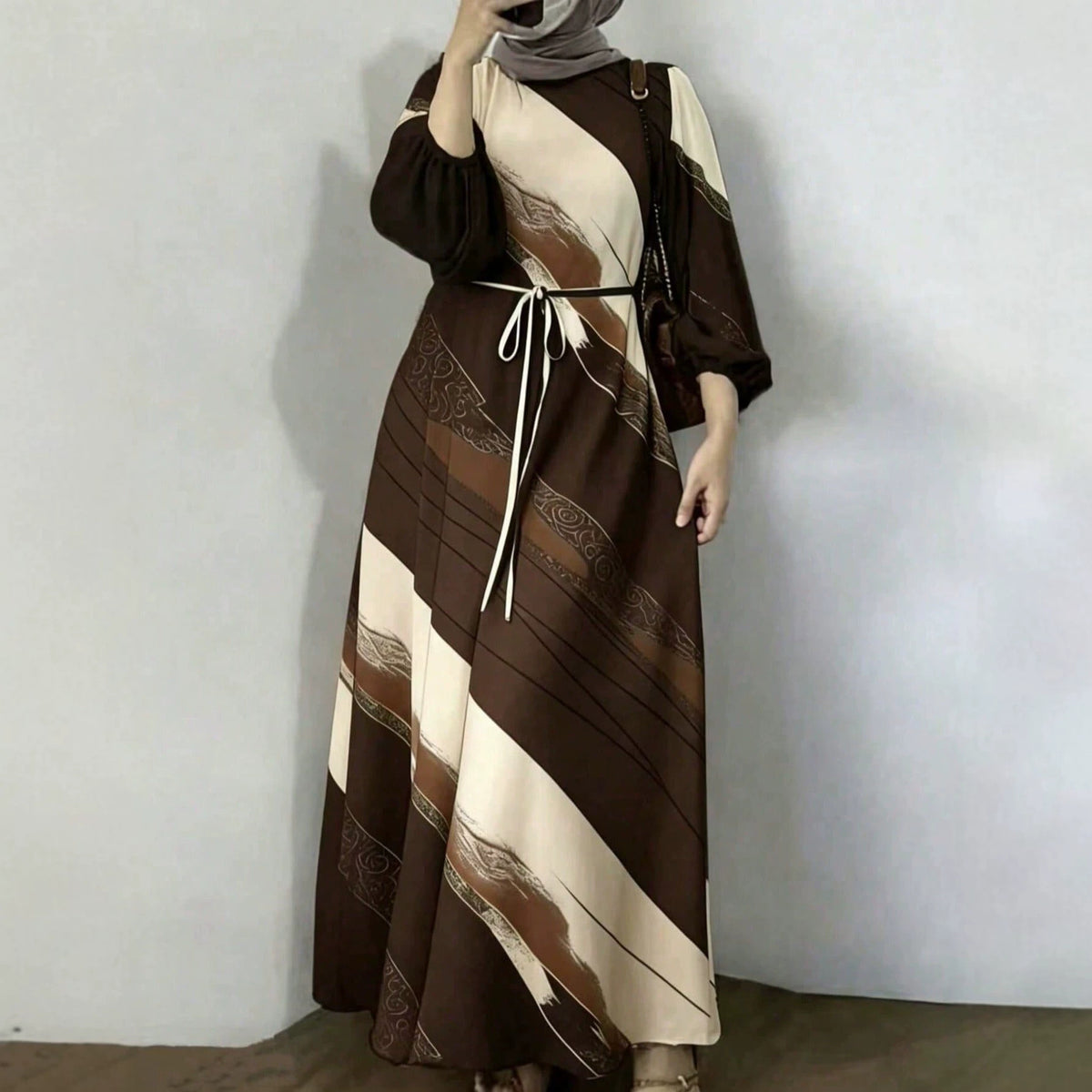 Abstract Print Tie Waist Maxi Dress Long Sleeve Elegant