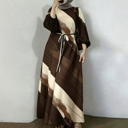 Abstract Print Tie Waist Maxi Dress Long Sleeve Elegant