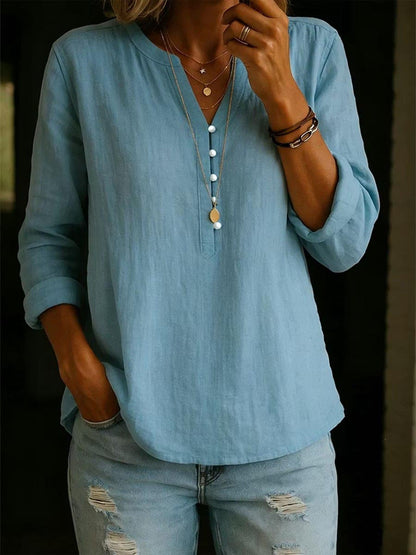 Women's V Neck Long Sleeve Button Cotton Linen Blouse