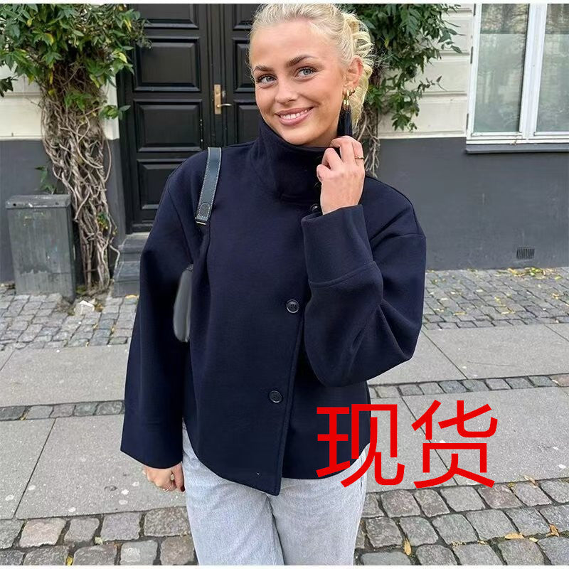 Women's Oversized Wool Blend Stand Collar Jacket