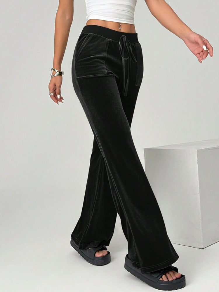 Velvet Drawstring Flare Pants with Pockets