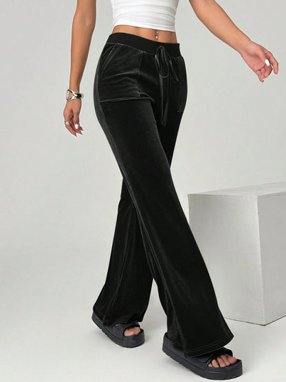 Velvet Drawstring Flare Pants with Pockets