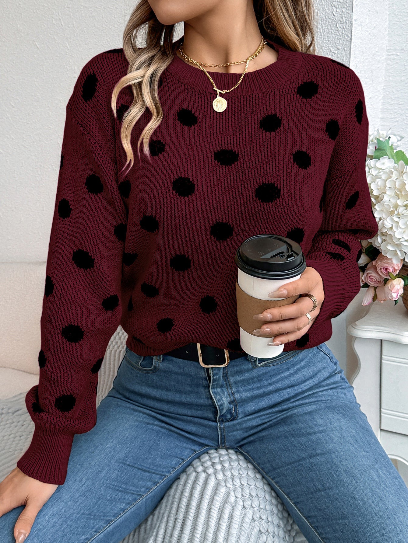 Women's Casual Contrasting Polka Dot Long-sleeved Pullover Sweater