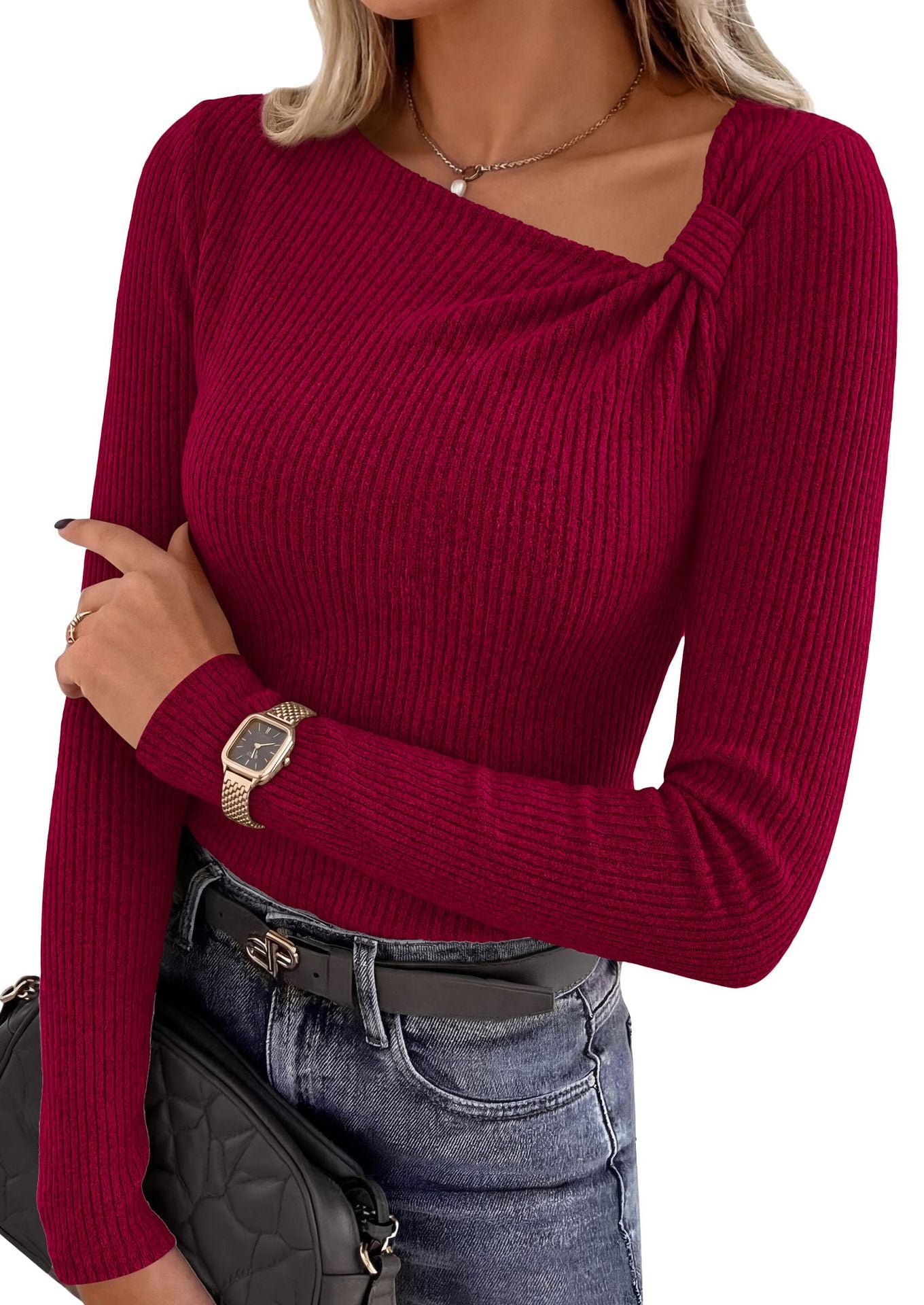 Women's Asymmetric Ribbed Knit Long Sleeve Top Knot Detail