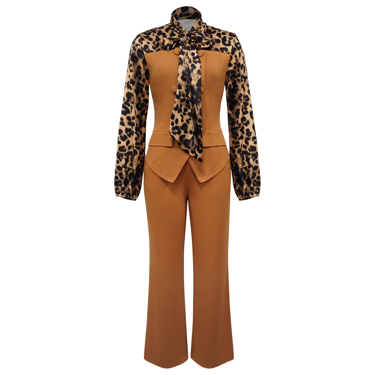 Leopard Print Tie Neck Blouse & Wide Leg Pants Set