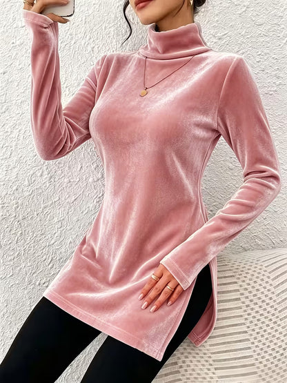Women's Velvet Turtleneck Long Sleeve Side Slit Top