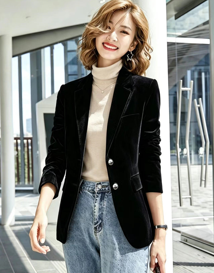 Women's Vintage Velvet Blazer Fitted Button Lapel Jacket