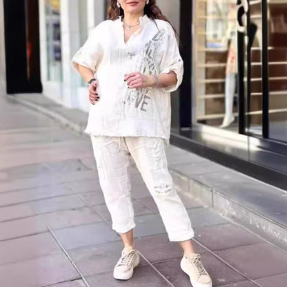 Women's Oversized Linen Blend 2 Piece Graphic Lounge Set