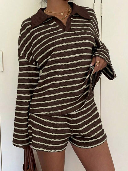 Striped Polo Lounge Set Long Sleeve Top & Shorts Set