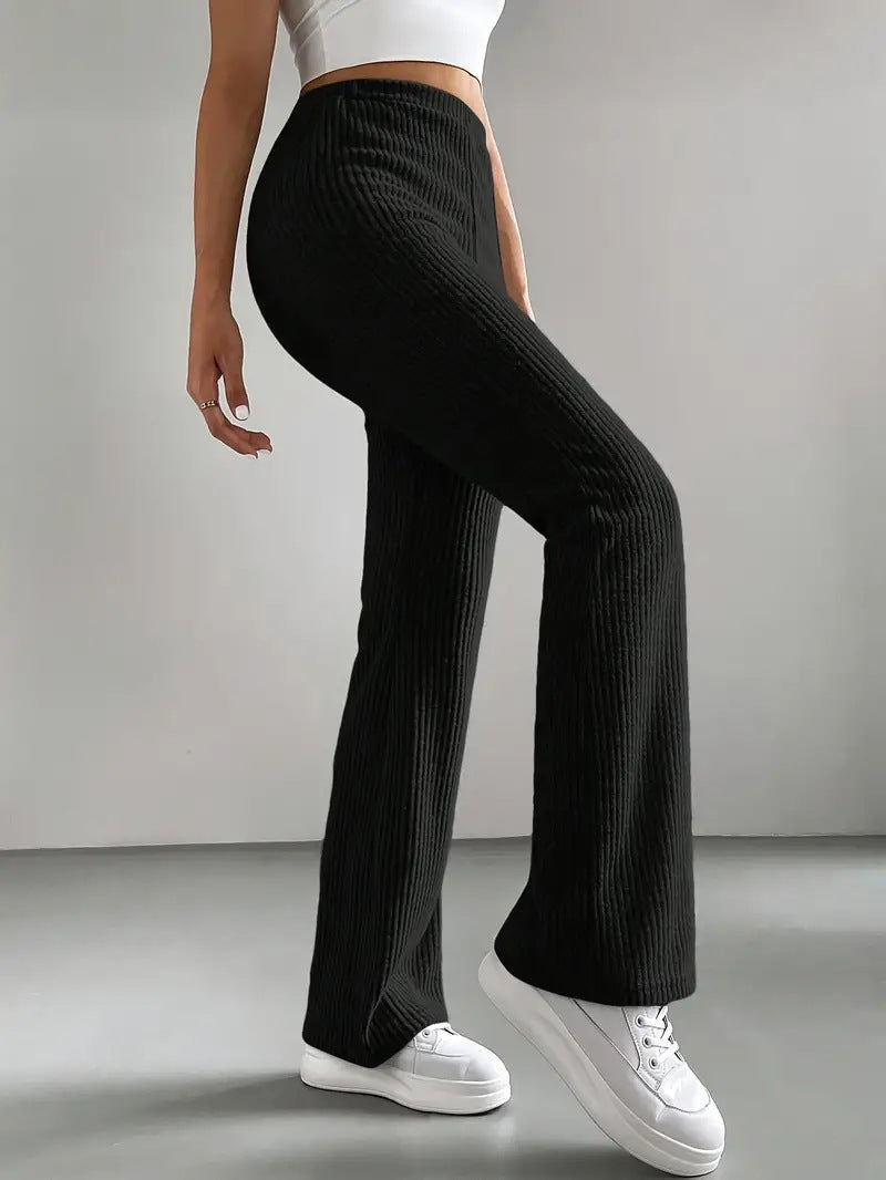 Women's High Waist Ribbed Knit Flare Pants Stretchy Casual