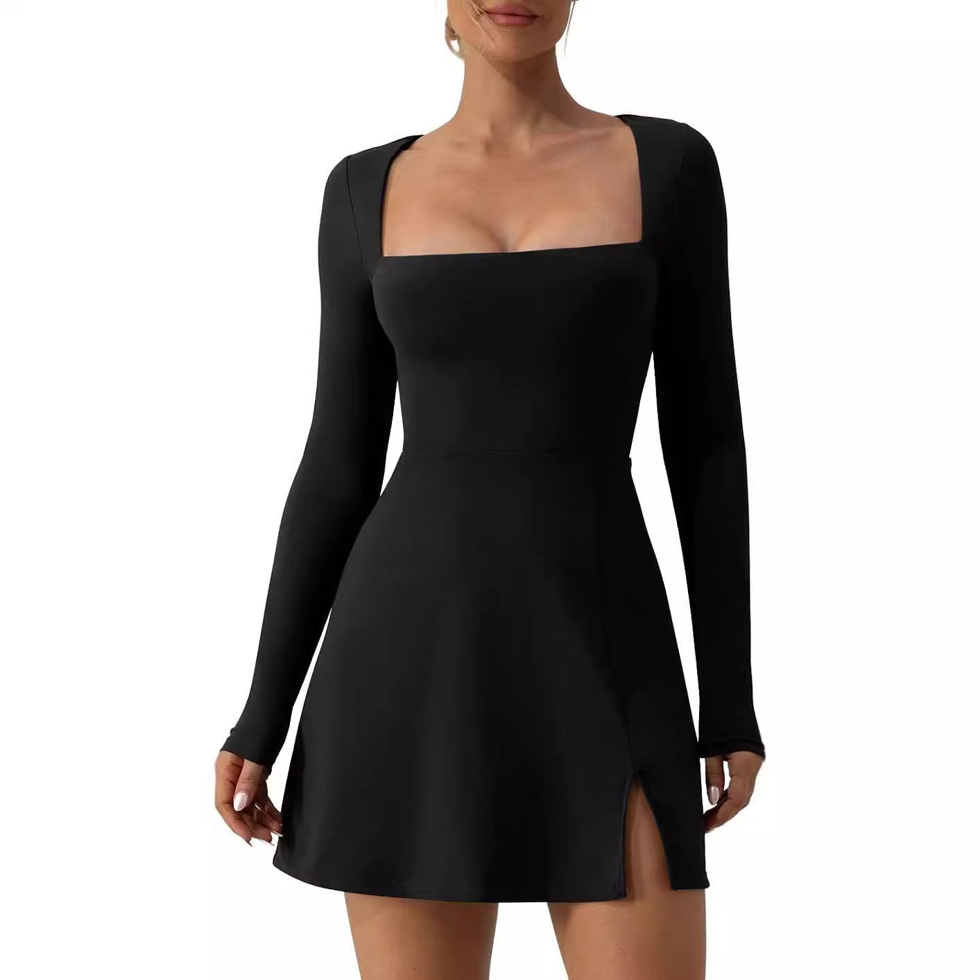 Square Neck Corset A-Line Mini Dress Long Sleeve Side Slit
