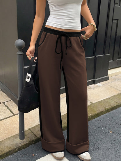Women's High Waist Colorblock Wide Leg Sweatpants Pockets