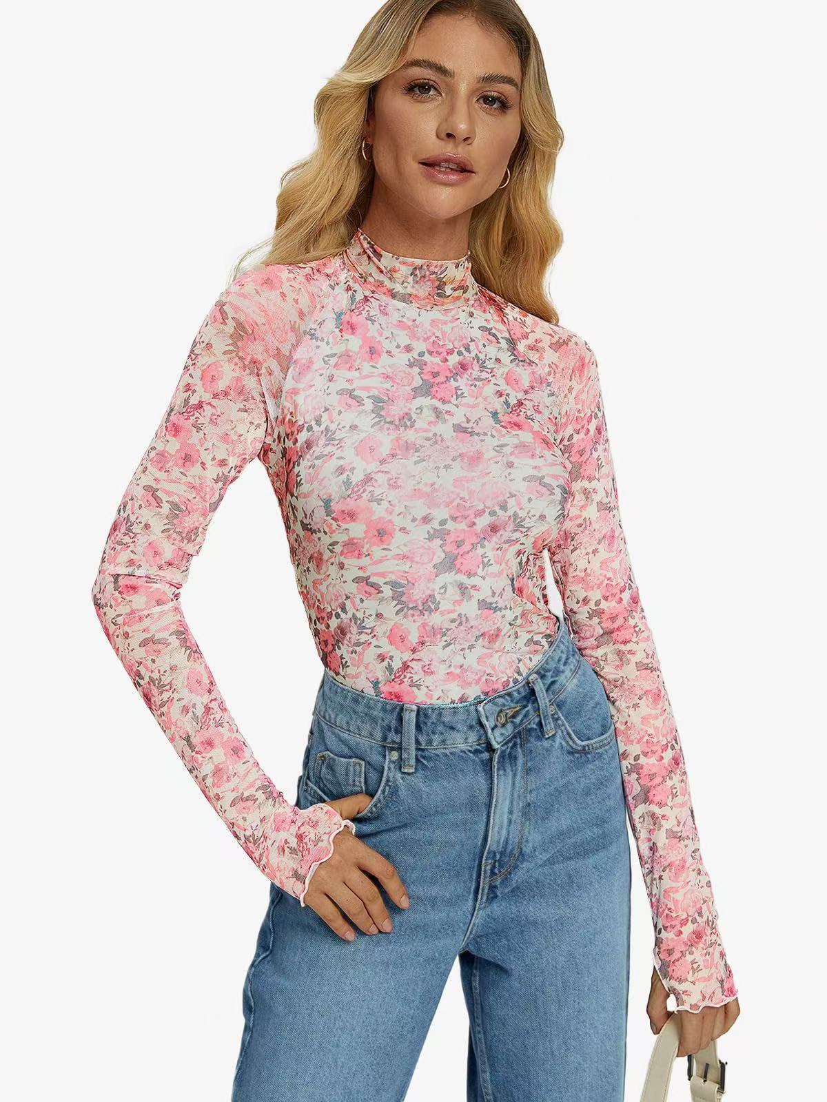 Women's Floral Sheer Mesh Mock Neck Long Sleeve Top