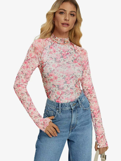 Women's Floral Sheer Mesh Mock Neck Long Sleeve Top
