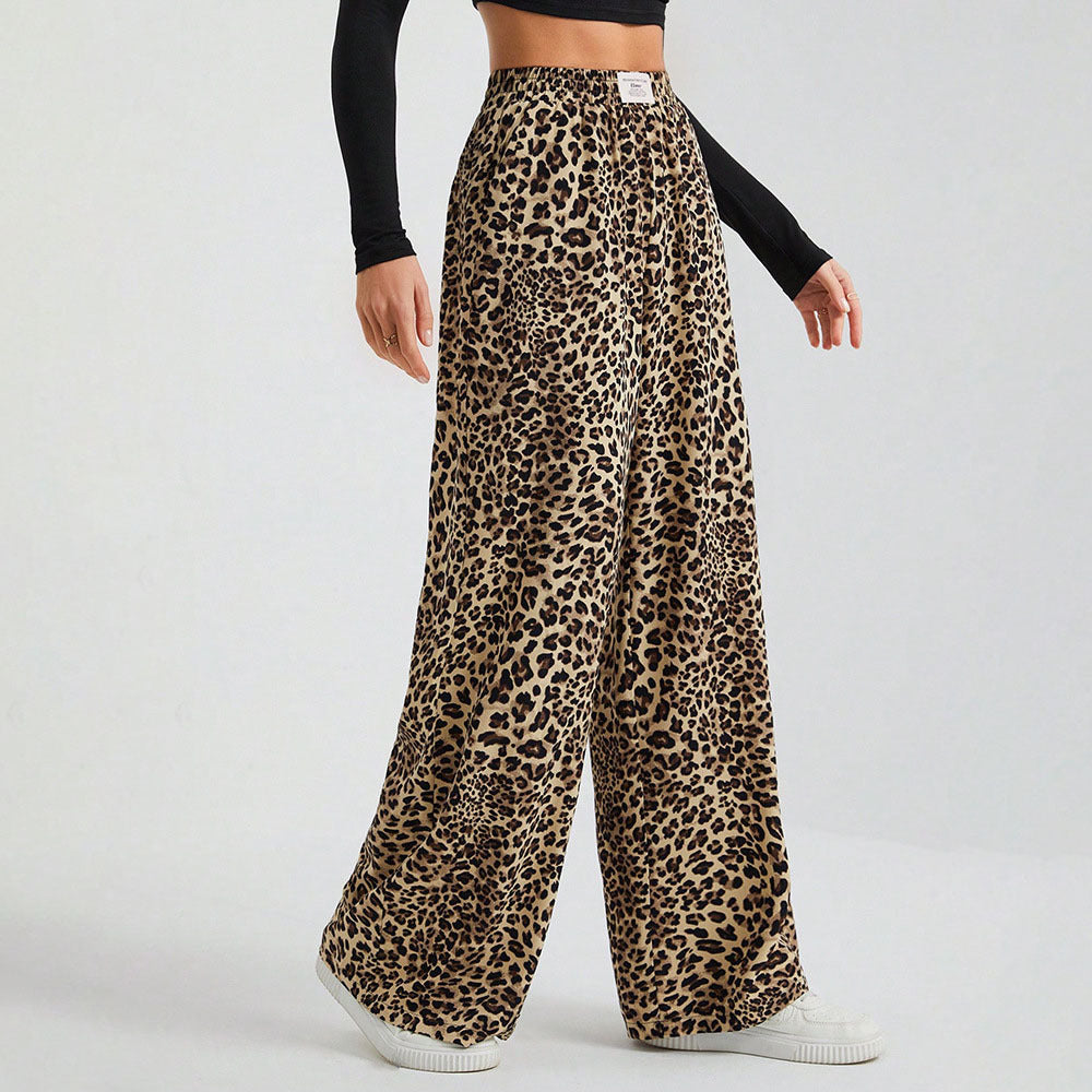 Leopard Print Wide Leg Pants High Waist Casual Trousers