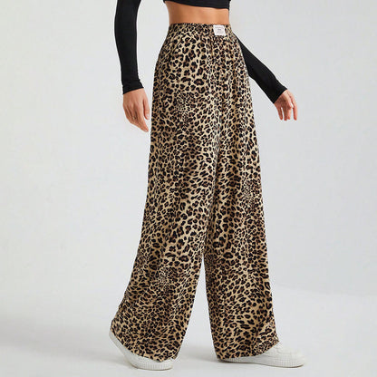 Leopard Print Wide Leg Pants High Waist Casual Trousers
